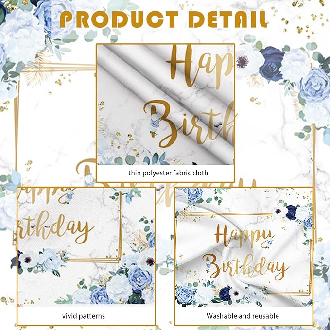 MEHOFOND 7x5ft Happy Birthday Backdrop Blue and White Flowers Bday Photography Background Girls Geometric Gold Glitter Dots Birthday Floral Party Decorations Cake Smash Decor Studio Photo Props