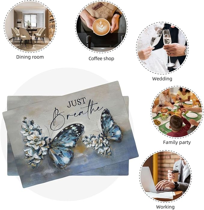 Blue Butterfly Placemats Set of 6, Farmhouse Country Rustic Just Breathe Place Mats Washable Double-Sided Table Mats for Dining Room Home Party Indoor 6 PCS 12x18 Inch