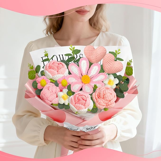 Crochet Flowers Bouquet with Lights,Handmade Knitted Roses Flowers, Gesang Flower, Crochet Heart, Crochet Gift for Wedding, Birthday, Anniversary, Mother’s Day for Her, Girlfriend, Wife, Women (Pink)