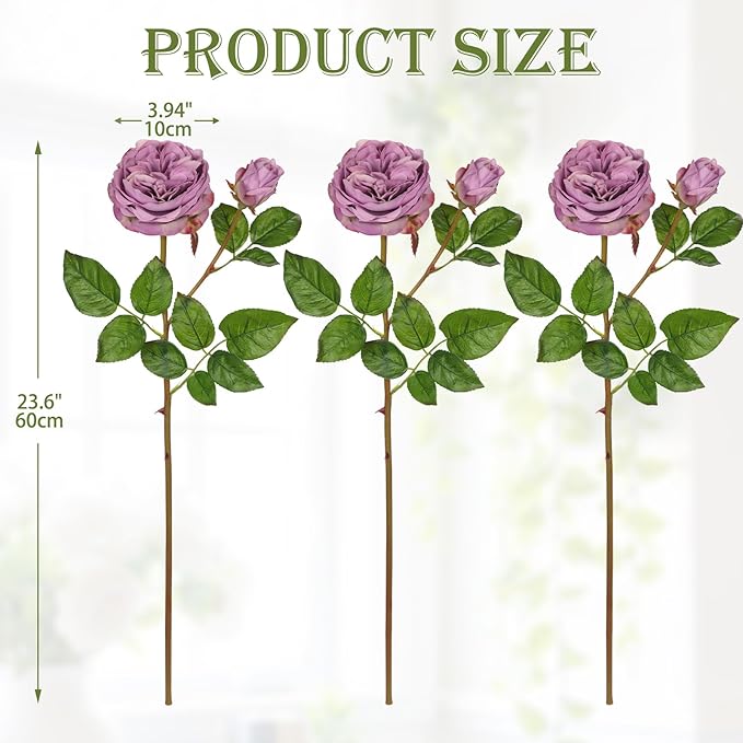 Real Touch Artificial Roses (Set of 3) – 23.6" Long Stem Purple Garden Roses – Lifelike Faux Silk Flowers for Wedding Bouquets, Home Décor, Centerpieces & Floral Arrangements