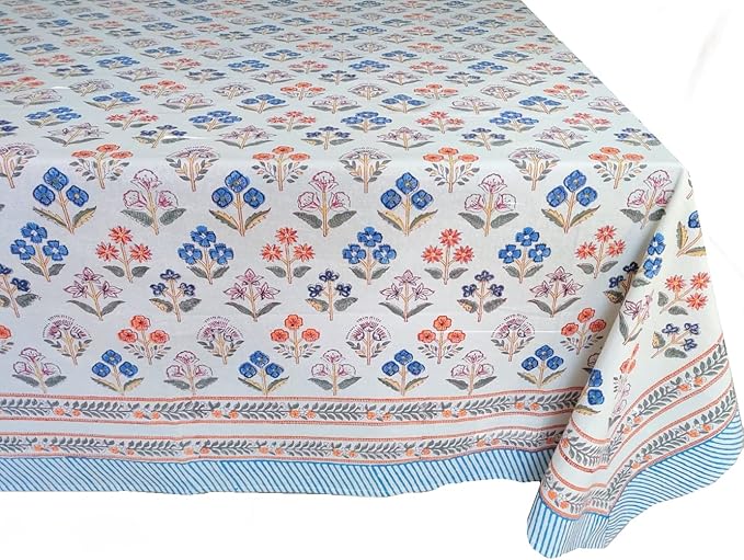 ATOSII Flora Bloom 100% Cotton Square Boho Fall Tablecloth, Handblock Floral Table Cloth Linen for Kitchen Dining I Parties Wedding Outdoors Christmas Thanksgiving I Fall Home Decor 60 X 60 Inches