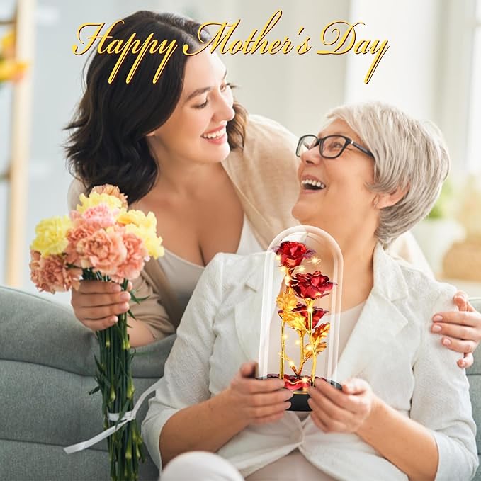 Mothers Day Glass Rose Gifts for Mom Women, Rose Flower Christmas Birthday Gifts for Women Mom Wife Girlfriend, Light Up Rose in A Glass Dome, Rose Gifts for Valentines, Mothers Day, Womens Day (Red)