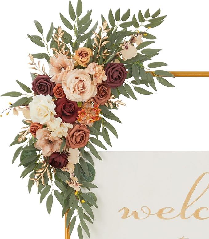 Ting's time Wedding Arch Flowers Set of 2 Flower Swag Arrangements Burnt Orange Wedding Welcome Signs Terracotta Flowers for Wedding Ceremony and Reception Backdrop
