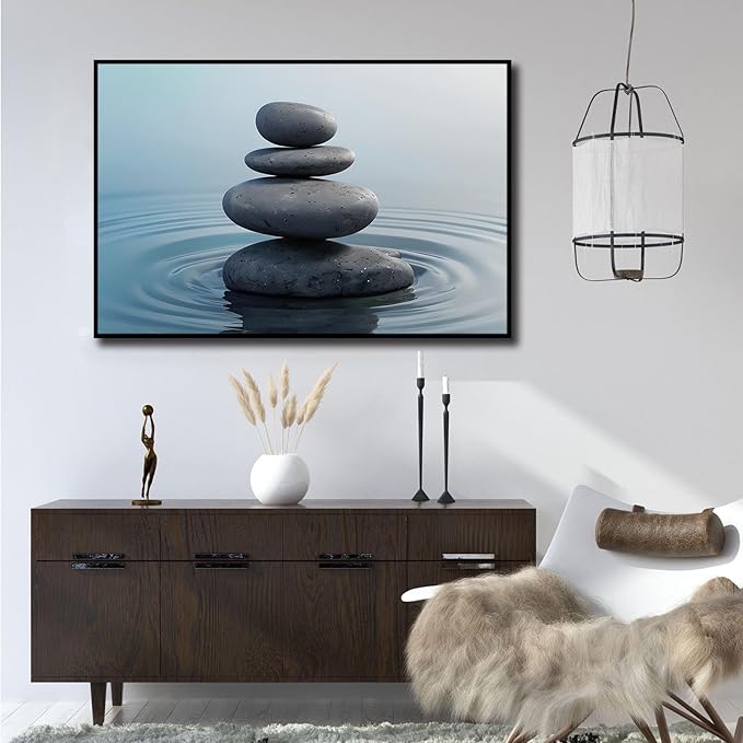 Zen wall art Harmonious grey stones stacked on a calm surface of water Serene Zen decor suitable for tranquil homes and spaces of meditation 12x18in Metal blackFramed