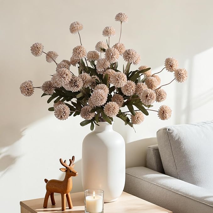 HyeFlora Fake Kiku Flowers,Faux Silk Pompon Mums 40heads Artificial Flowers,Chrysanthemum Stems Floral Arrangement Dried Flowers Vintage Decorative Indoor Home Vase Decor Beige