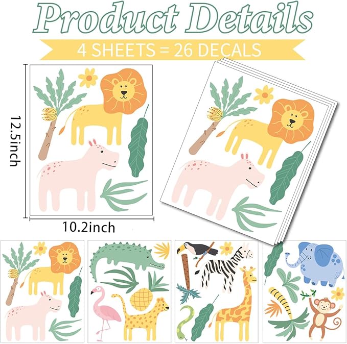 AOWDIAO Animals Wall Decals, Cute Safari Wall Stickers for Baby Kids, Jungle Theme Decor for Nursery, Classroom, Playroom, Bedroom