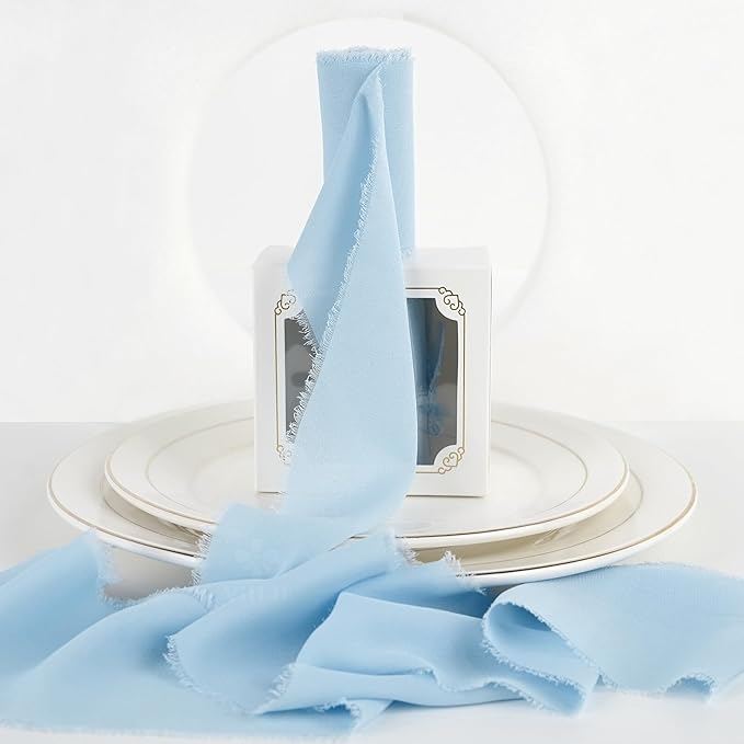MEEDEE Light Blue Chiffon Ribbon 3 Inch Fringe Ribbons Baby Blue Chiffon Silk Frayed Edge Ribbon Wide Chiffon Ribbons for Crafts, Flower Bouquet, Wedding Favors Wrapping (2 Rolls 10 Yards)