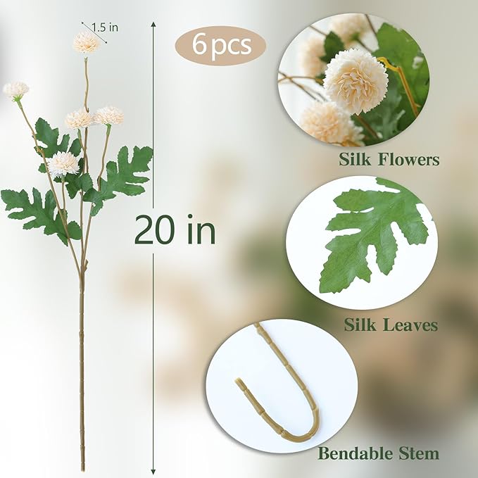 mizii 6Pcs Beige Fake Silk Pompon Mum Artificial Flowers Bulk Small Faux Chrysanthemums with Stems Floral Decorations for Wedding DIY Bouquet Centerpieces Shower Vase Home Decor (Bright Beige)