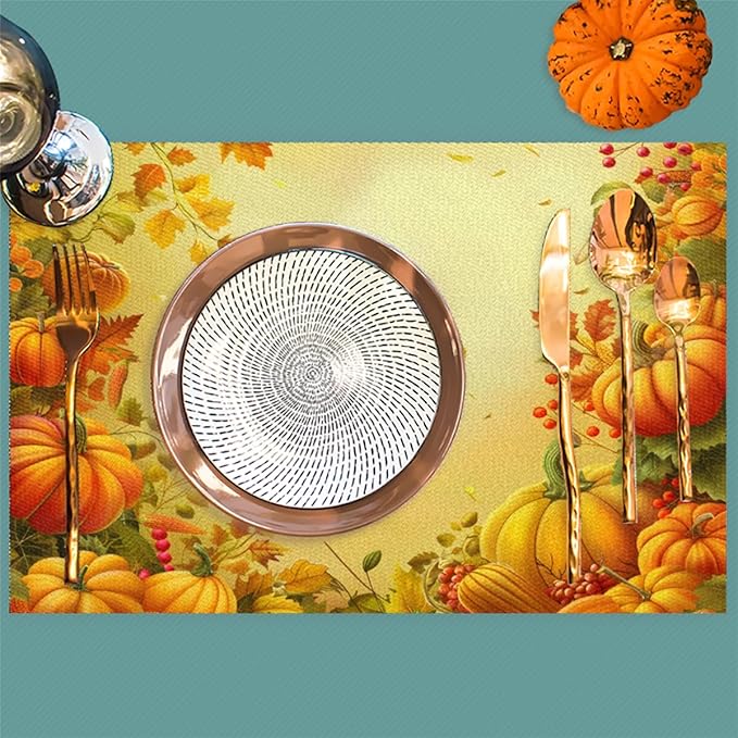 Thanksgiving Fall Yellow Pumpkin Placemats Set of 4 PVC Vinyl Non Slip Table Mats Heat Resistant Place Mats Washable Wipeable Dining Table Mat for Kitchen Decor Party Indoor Outdoor Decorative Gift