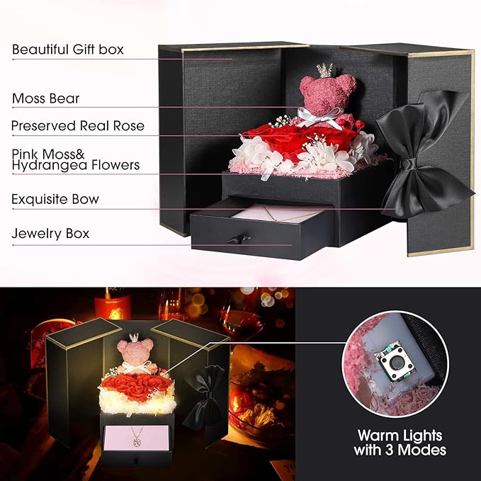 Cute Preserved Real Roses Bear Gift Box for Girlfriend with Initial Necklace N, Unique Birthday Gift for Mom, Her, Grandma, Anniversary Presents for Wife Women