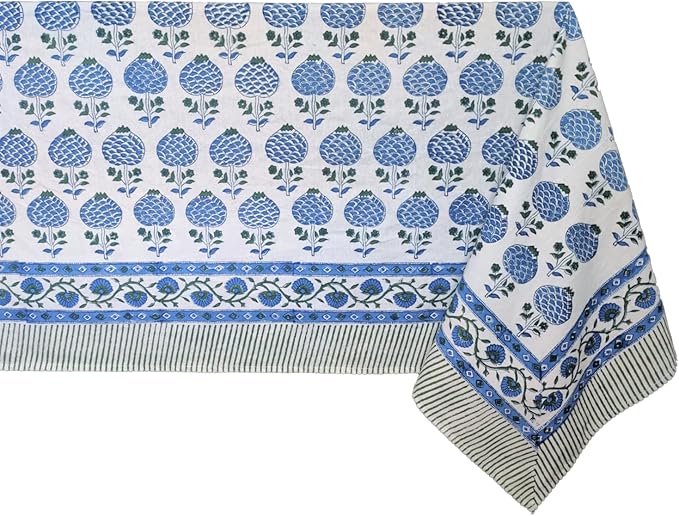 ATOSII Roma Blue 100% Cotton Boho Rectangle Fall Tablecloth, Handblock Floral Print Table Linen for Kitchen Dining I Parties, Outdoors, Weddings, Christmas, Thanksgiving I 72 X 120 Inches I 10 Seater