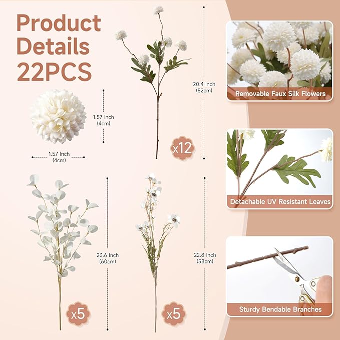 Real-Touch Faux Silk Mums Bouquet, Bendable Long Stems, Full & Realistic Artificial Flower Arrangement for Vase, Table, Wedding & Wreath Décor, Beige(No Vase) (White Kiku+Wax+Eucalyptus)