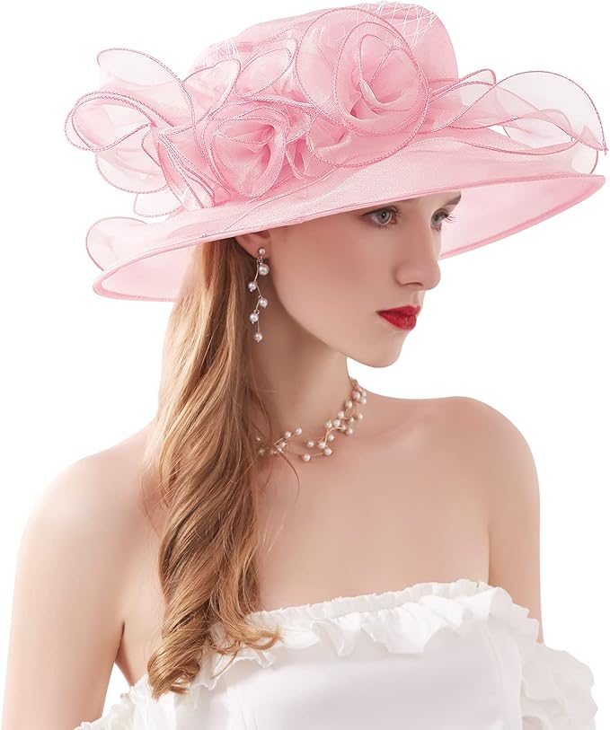 Organza Derby Hats for Women Wide Brim Fascinator Hat Rose Flower Wedding Tea Party Hat