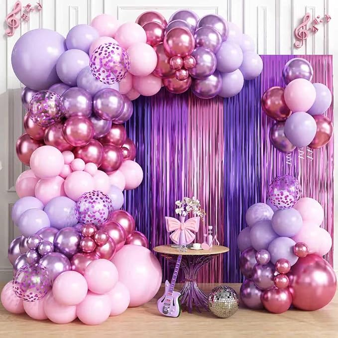 Purple Pink Balloon Garland Arch Kit Birthday Party Decorations, Music Themed Foil Fringe Curtains Backdrop Tinsel Streamer Photo Booth Props for Girls Butterfly Christmas Party Decor Supplies