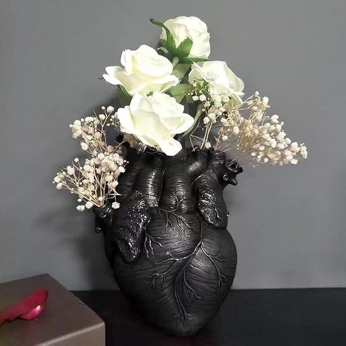 Heart Vase, Gothic Anatomical Resin Flower Pot Desktop, Human Heart Organ Shape for Dried Flower Arrangement on The Dining Table、Desktop Living Room Decoration (Black)