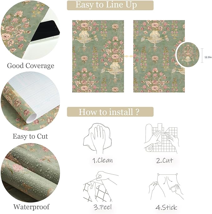 Orainege Vintage Floral Wallpaper Peel and Stick Wallpaper Removable Modern Contact Paper 16.9inx196.8in Self Adhesive Wall Paper for Bedroom Bathroom Shelf Liner Decor Papel Tapiz para Pared