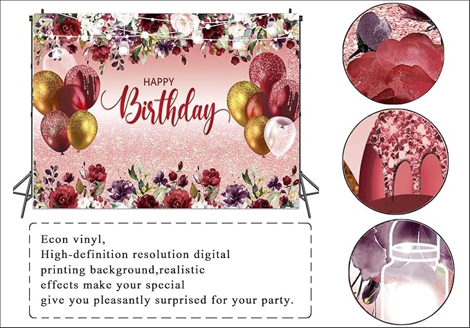 LTLYH 7x5ft Happy Birthday Decorations Women Girls Birthday Party Backdrop Glitter Pink Floral Party Banner Background Elegant Rose Gold Birthday Decorations Backdrop 178 ﻿