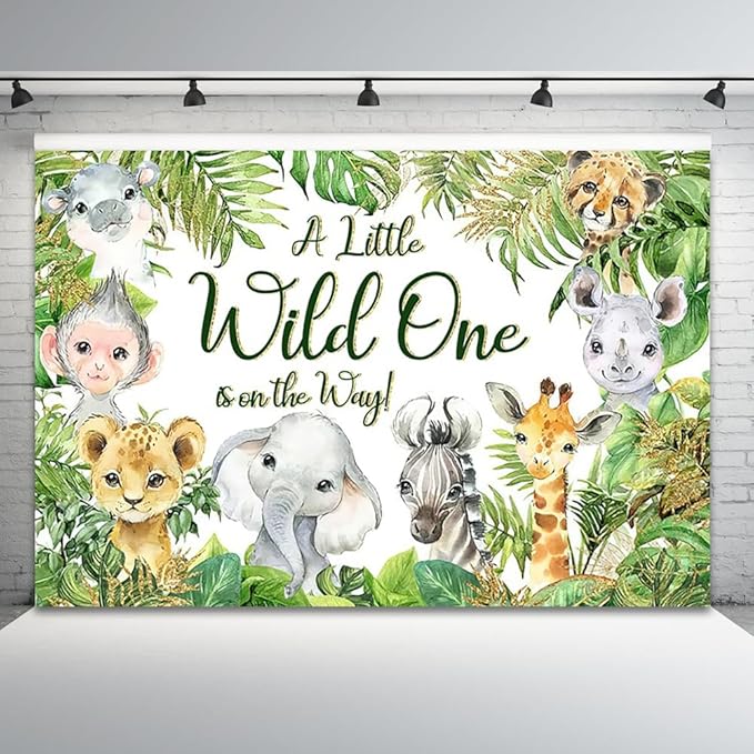 9x6ft Baby Shower Backdrop A Little Wild One is On The Way Photography Background Jungle Animals Tropical Green Leaf Newborn Birthday Party Banner Decorations Gender Reveal Photo Booth Prop