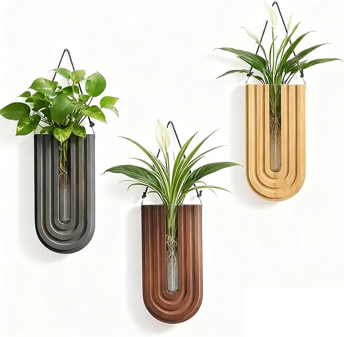 Wall Mounted Wooden Propagation Station Set of 3 - Boho Hanging Indoor Wall Planter Vases for Plants & Flowers, Handmade Rainbow Decor for Living Room, Entryway, or Home Gallery Display