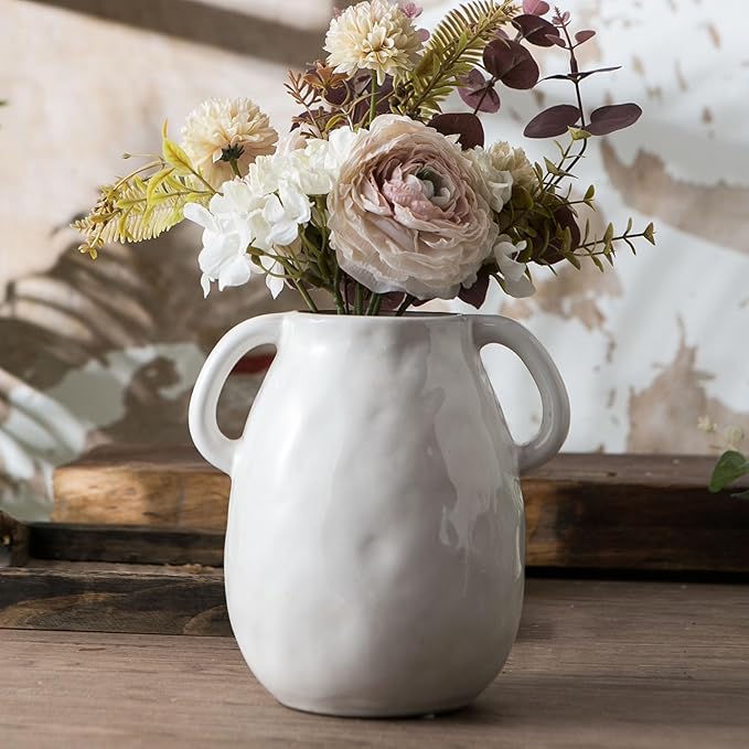 White Ceramic Vase with 2 Handles for Modern Farmhouse Home Decor, Vintage Rustic Decorative Vases, Small Vase for Fresh and Dried Flowers, Centerpiece Table Decorations, 7 Inch