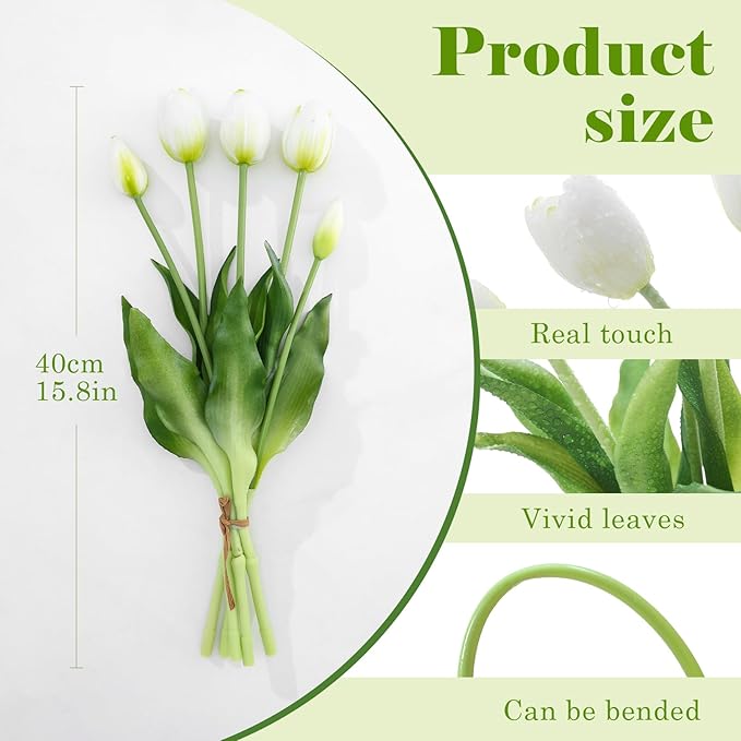 15PCS Artificial Tulips Real Touch White Faux Latex Flowers Lifelike Fake Tulip Bouquet Flowers Arrangements for Wedding Home Kitchen Garden Table Party Decoration