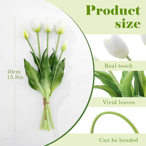 15PCS Artificial Tulips Real Touch White Faux Latex Flowers Lifelike Fake Tulip Bouquet Flowers Arrangements for Wedding Home Kitchen Garden Table Party Decoration