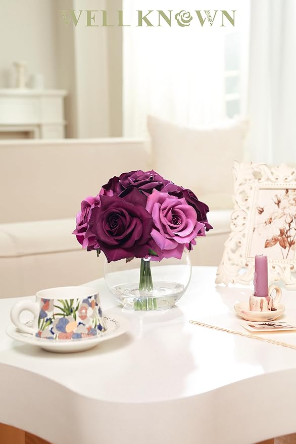WELL KNOWN Silk Purple and Pink Roses Bouquet in Vase, Artificial Fake Flowers Arrangements in Glass Vase with Faux Water for Home Office Hotel Birthday Wedding Party Table Decoration & Mom's Gift