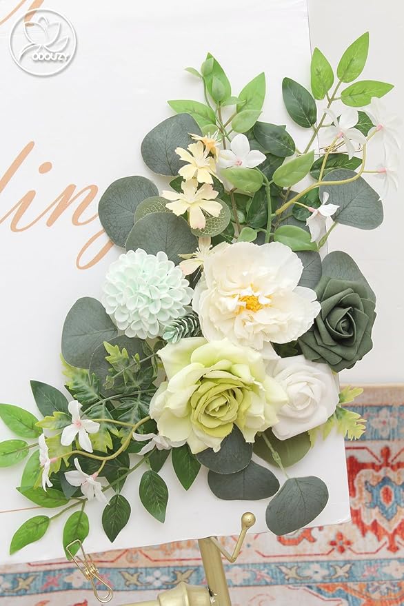 Pack of 2 Wedding Arch Decorations Artificial Hanging Flowers Floral Swag for Wedding Welcome Sign Backdrop Balloon Arch Home Party Bridal Ceremony Reusable(White Green)