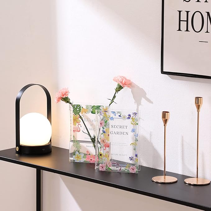 Book Vase, Acrylic Book Vase for Flowers, Book Flower Vase Clear, Small Book Shaped Vase, Clear Book Vases, Modern Decorative Vases for Home, Bedroom, Living Room, Office, Set of 2