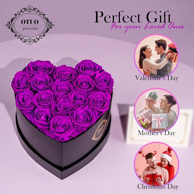 16 Preserved Roses in Heart-Shaped Box, Flowers for Delivery Prime Last up 2 Years, Real Forever Flowers for Wife, Girlfriend, Mother, Eternal Roses for Anniversary - Purple