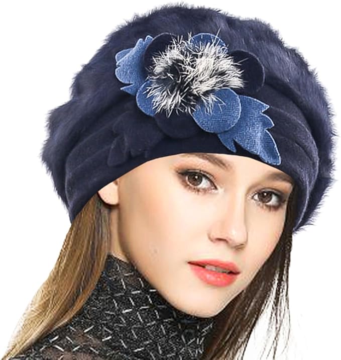 VECRY Lady French Beret 100% Wool Beret Floral Dress Beanie Winter Hat
