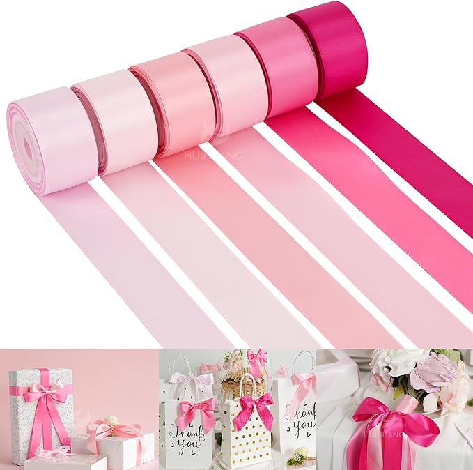 HUIHUANG Pink Satin Ribbon 1 inch Baby/Light/Hot Pink Double-Faced Satin Ribbons for Flower Bouquet, Gift Wrapping, DIY Crafts, Bridal Shower Wedding Decor- 6 Rolls, Total 30 Yards