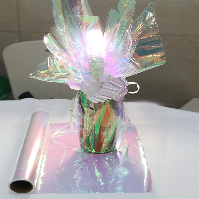CMFYHM Iridescent Cellophane Wrap Roll I 34 In X 50 Ft I Rainbow Cellophane Roll, Rainbow Wrapping For Baskets,Gifts, Treats,Birthday Wedding Floral, Party Arts Crafts Decoration