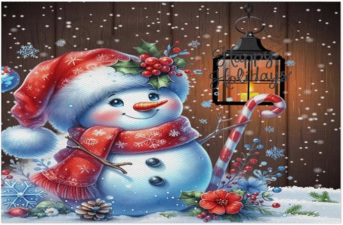 Christmas Art Snowman Snowflake Placemats Set of 4 PVC Vinyl Non Slip Table Mats Heat Resistant Place Mats Washable Wipeable Dining Table Mat for Kitchen Decor Party Indoor Outdoor Decorative Gift
