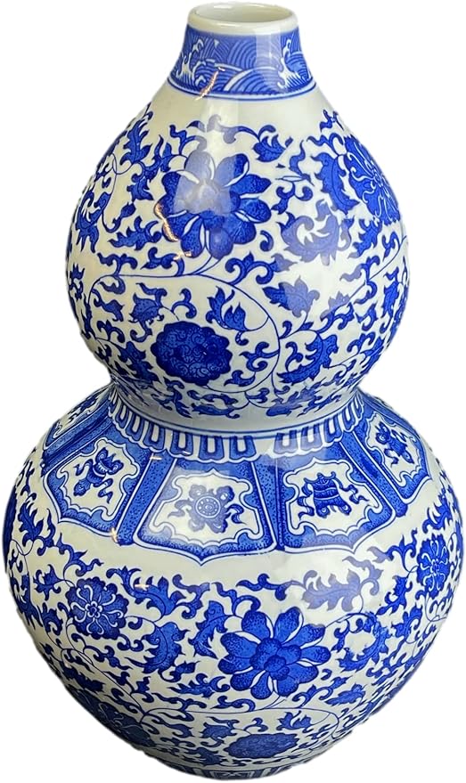 17" Classic Blue and White Porcelain Gourd-Shaped Vase, China Ming Style, Happiness, Good Fortune, Fengshui, Jingdezhen, Free Wood Base