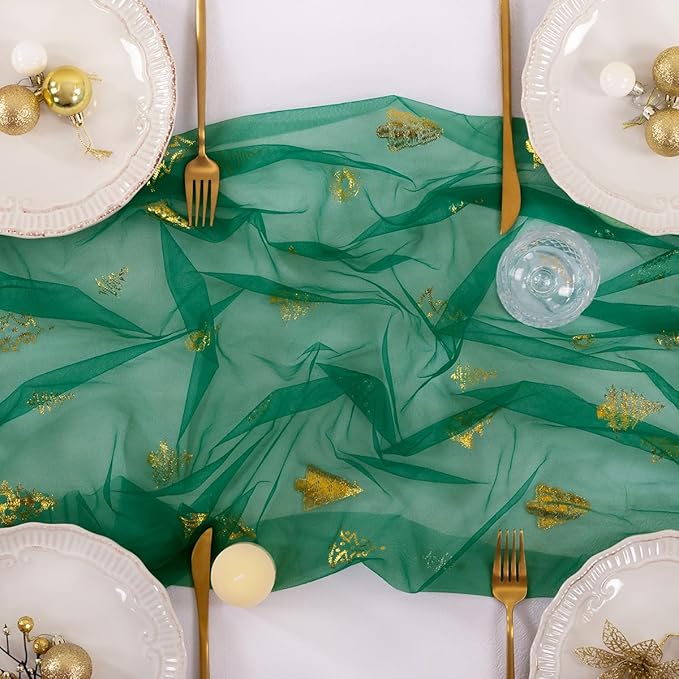 Socomi Christmas Tree Table Runner Gold Gauze Sheer Chiffon Cheesecloth Sequin 10FT Glitter Metallic Foil Dining Wedding Birthday Party Winter Holiday Centerpiece Table Decor Emerald Green