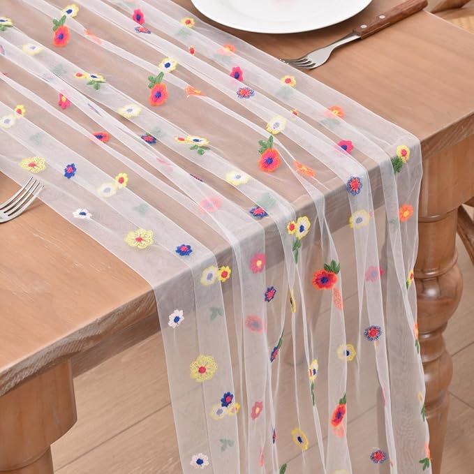 Joanlody 3pcs Ivory Embroidery Daisy Christmas Table Runner 10ft Florals Seasonal Tulle Table Runner Holiday Kitchen Dining Table Decoration for Home Party Indoor