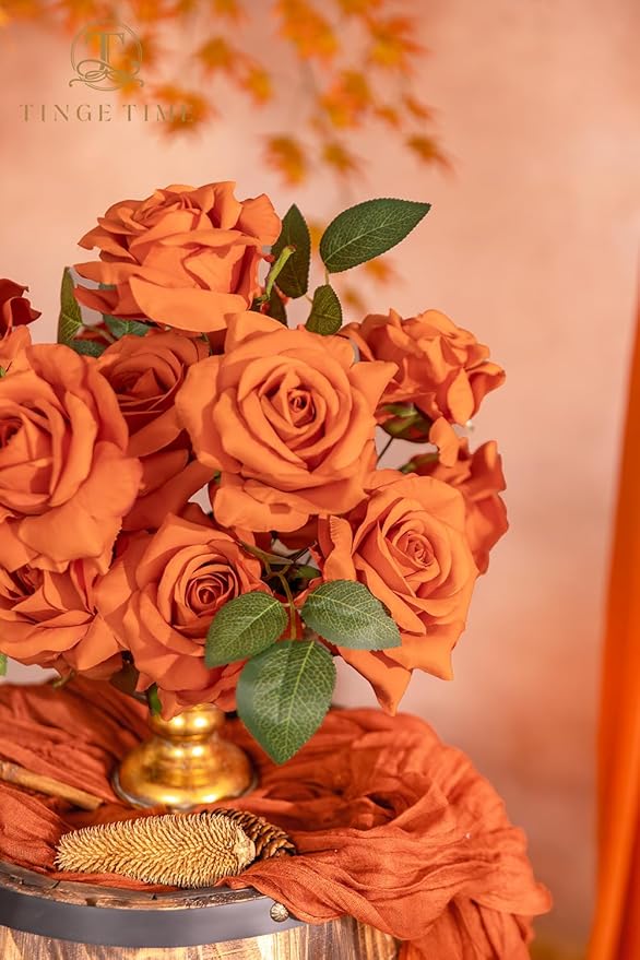 TINGE TIME Artificial Flowers Combo Box Set 16PCS Fake Rose Silk Flower with Stem for DIY Wedding Bouquets Centerpieces Baby Shower Party Home Fall Decoration (Orange)