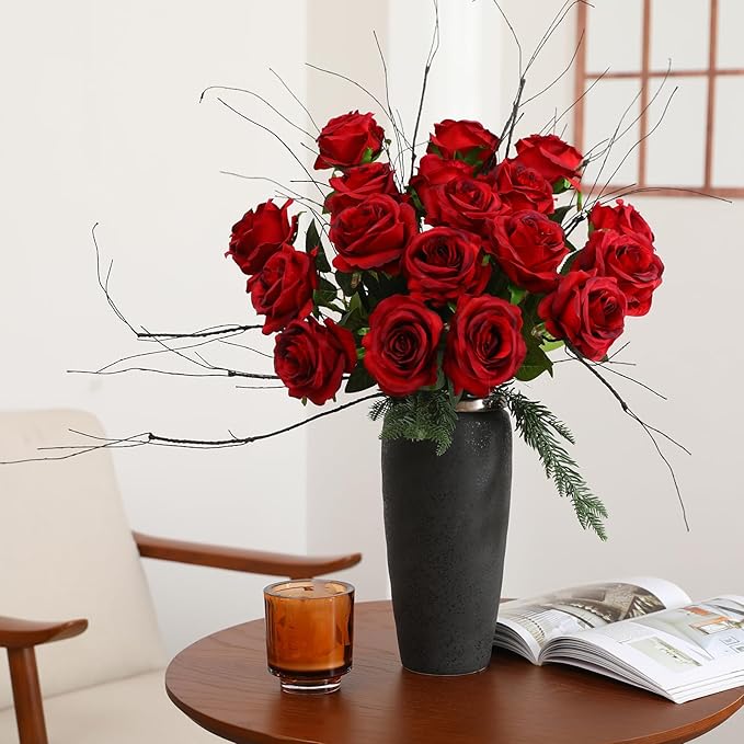 50PCS Artificial Silk Roses in Bulk & Bouquet Long Stem – Realistic Fake Roses for Wedding Centerpieces, Home Decor, Floral Arrangements, Party Decoration (Burgundy)
