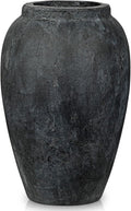Handcrafted Flower Vase, 10.5" Tall Terracotta Vintage Black Ceramic Vases, Rustic Antique Vase Décor, Wide Mouth, Matte Finish for Home Office Resto Café Décor