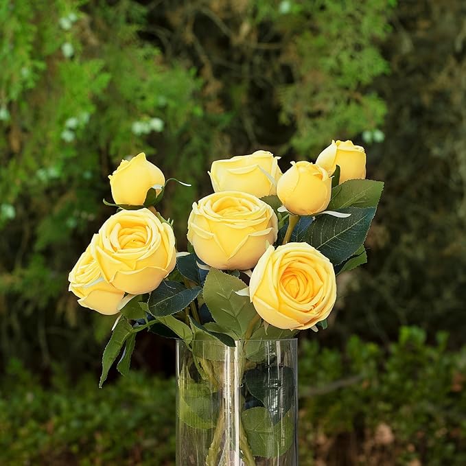 ENOVA FLORAL 9 Heads Silk Rose Artificial Flowers in Vase,Faux Rose Flowers Arrangement in Vase with Faux Water for Table Decor Centerpieces (Yellow)