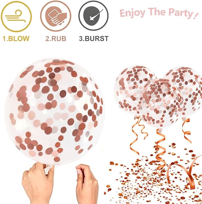 Rose Gold Confetti Balloons, 50pcs 12 Inch Metallic Rose Gold Balloons Rose Gold and White Latex Balloons with 33 Feet String for Bridal Shower Sweet 16 Birthday Party Wedding Anniversary Decorations