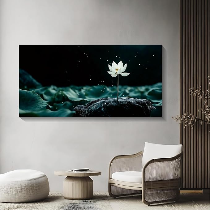 Iallbin Buddha Wall Art & Zen Wall Decor, White Lotus on Water Canvas Painting - for Yoga Meditation Room, Spa & Bathroom, Blue Art Deco Style, 48x24 Inches
