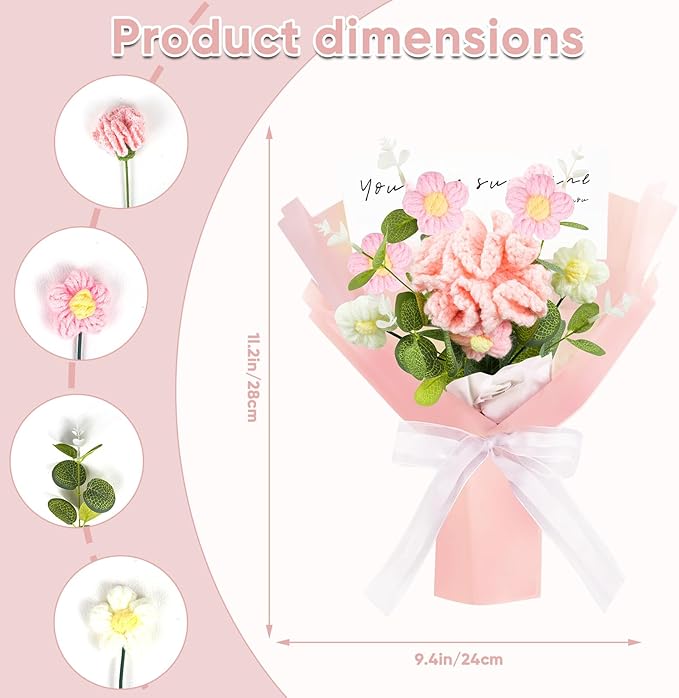 Crochet Flowers Bouquet,Handmade Carnation Flowers Knitted Artificial Crochet Flowers Present for Mother's Day Valentine's Day Birthday Home Decor(Medium-Pink Carnation)