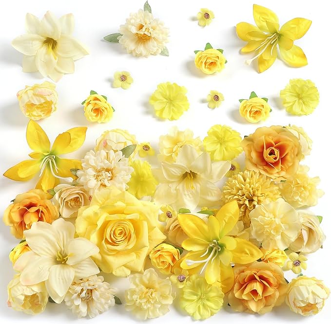 rongflower Fake Flower Heads for Crafts - Yellow Silk Artificial Roses, Peonies, Daisies & Mini Floral Heads Bulk (48-Pack) for Wedding Decor, Graduation Cap, Cake Topper, Baby Shower, Home Decoration