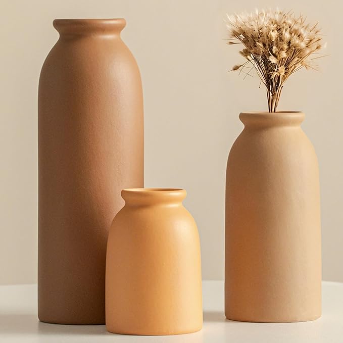 Ceramic Vase Set-3, Small Flower Vases for Decor, Modern Boho Farmhouse Style, Decorative Vases for Pampas Grass & Dried Flowers, Distressed Finish (Earth Tone)