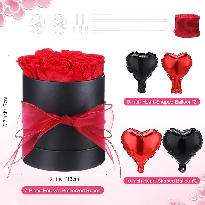 Red Preserved Roses in Box 7 Preserved Forever Flower in a Round Box Last 1-3 Years with Heart Balloon Christmas Surprise Gift for Women Loved One Mom Valentines Anniversaries Need Assembly