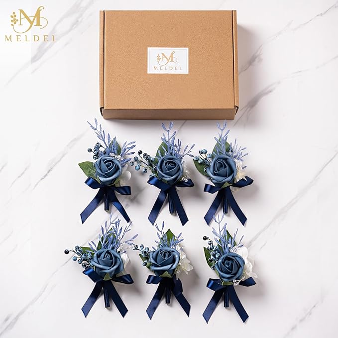 Meldel Blue Boutonniere for Men Wedding, Set of 6, Groom Groomsman Guest Boutonnieres Wedding Decor Artificial Flowers Corsage for Wedding Ceremony Formal Dinner Prom Party Decoration
