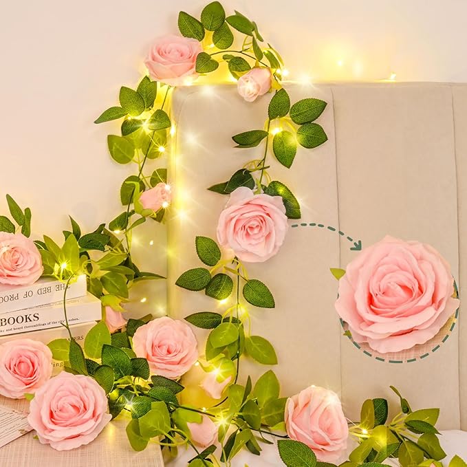 4 Pcs Flower Garland, 26.4 Ft Pink Floral Garland Fake Flowers for Wedding Arch Party Wall Garden Room Decor