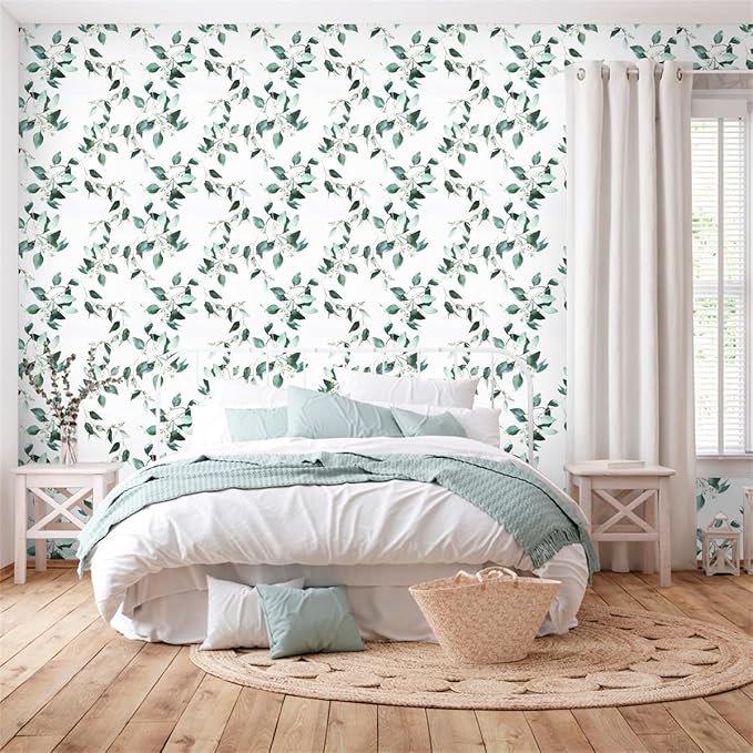 Erfoni Green Leaf Peel and Stick Wallpaper Floral Contact Paper for Bathroom 17.7inch x 236.2inch Eucalyptus Wallpaper Peel and Stick Vintage Flower Decorative Removable Wall Paper Vinyl